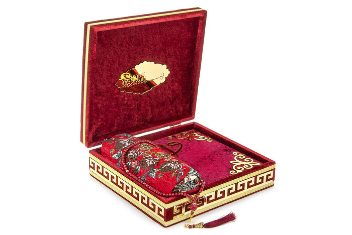 Velvet Covered Quran Set with Storage and Prayer Rug Red - 2