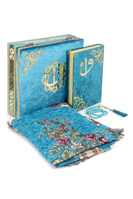 Velvet Covered Quran Set with Storage Box and Prayer Rug Blue - 1