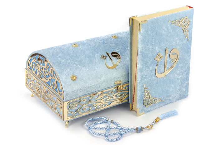 Velvet Covered Quran Set with Treasure Chest Blue - 2