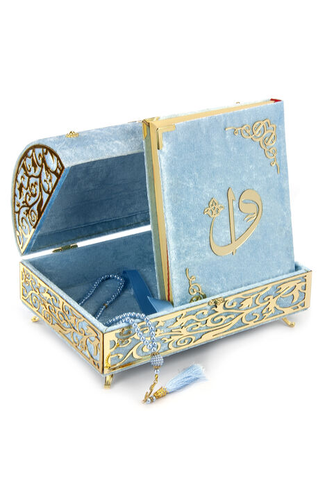 Velvet Covered Quran Set with Treasure Chest Blue - 1