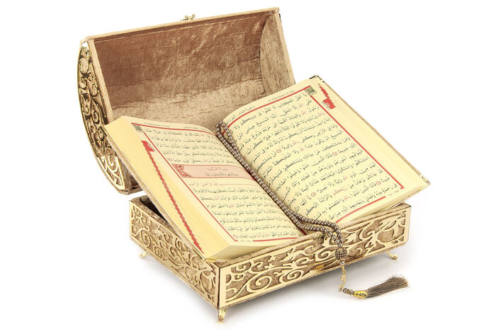 Velvet Covered Quran Set with Treasure Chest Brown - 3