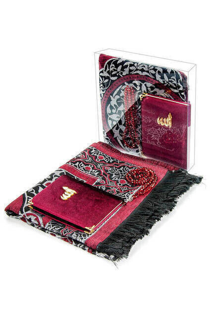 Velvet Covered Yasin Prayer Rug Rosary Boxed Set Claret Red - 1