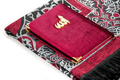 Velvet Covered Yasin Prayer Rug Rosary Boxed Set Claret Red - 2