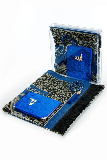 Velvet Covered Yasin Prayer Rug Rosary Boxed Set Navy Blue - 1