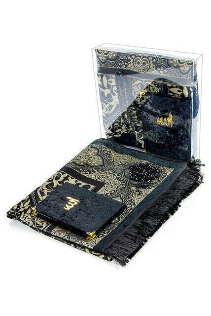 Velvet Covered Yasin Prayer Rug Rosary Set With Box Black - 1