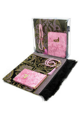 Velvet Covered Yasin Prayer Rug Rosary Set With Box Pink - 1