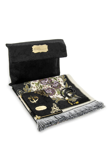 Velvet Pouch Luxury Prayer Rug Set - Black Color - 1