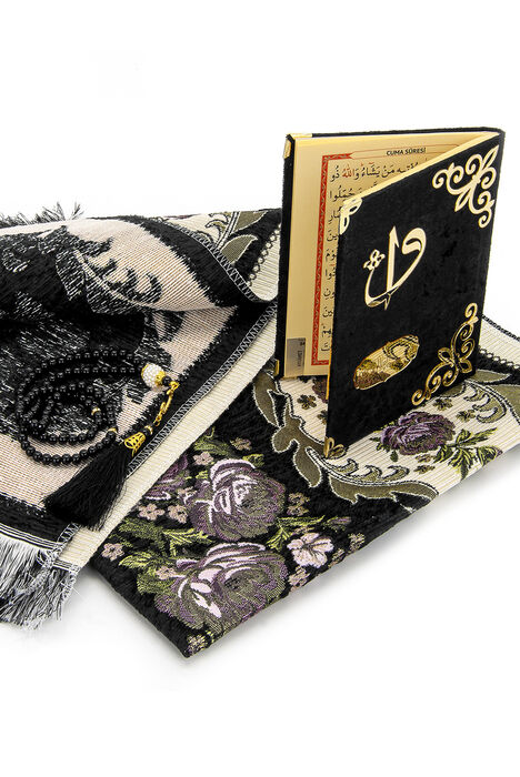 Velvet Pouch Luxury Prayer Rug Set - Black Color - 3