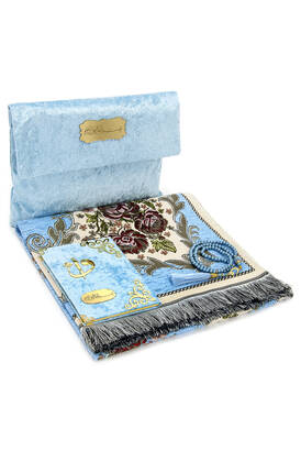 Velvet Pouch Luxury Prayer Rug Set - Blue Color - 1