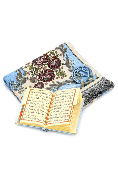 Velvet Pouch Luxury Prayer Rug Set - Blue Color - 2