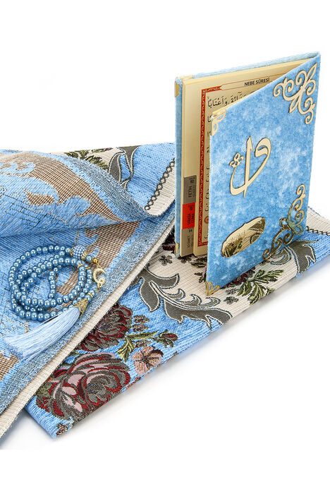 Velvet Pouch Luxury Prayer Rug Set - Blue Color - 3