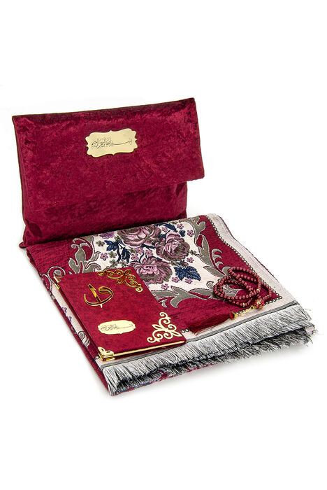 Velvet Pouch Luxury Prayer Rug Set - Claret Red - 1