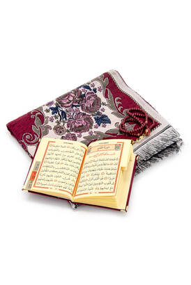 Velvet Pouch Luxury Prayer Rug Set - Claret Red - 2