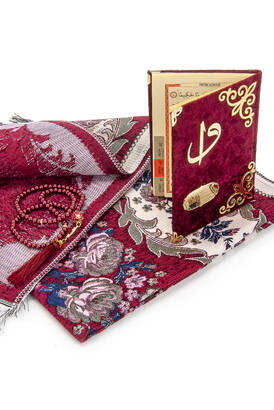 Velvet Pouch Luxury Prayer Rug Set - Claret Red - 3