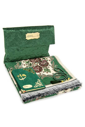 Velvet Pouch Luxury Prayer Rug Set - Green Color - 1