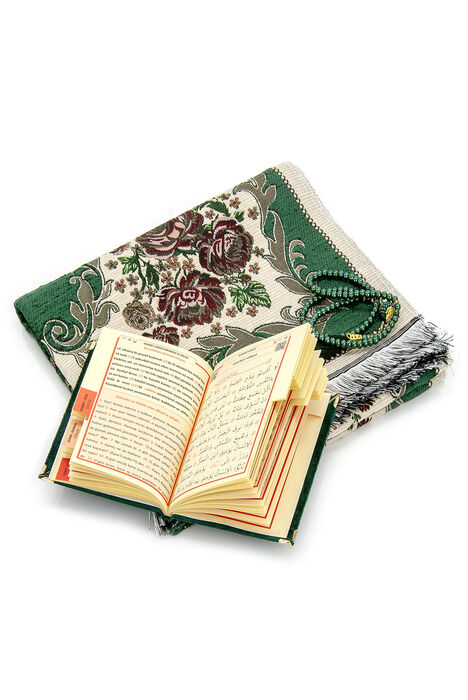 Velvet Pouch Luxury Prayer Rug Set - Green Color - 2