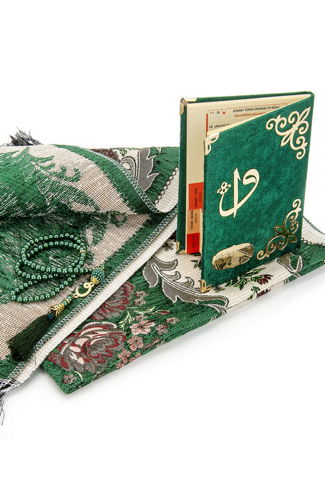 Velvet Pouch Luxury Prayer Rug Set - Green Color - 3