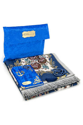 Velvet Pouch Luxury Prayer Rug Set - Navy Blue Color - 1