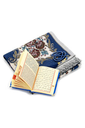 Velvet Pouch Luxury Prayer Rug Set - Navy Blue Color - 2