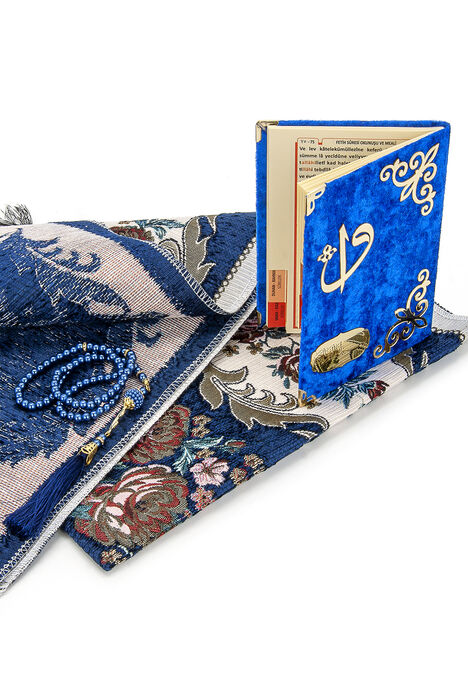 Velvet Pouch Luxury Prayer Rug Set - Navy Blue Color - 3