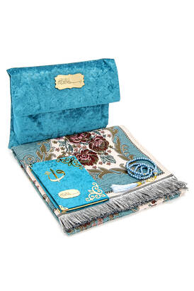 Velvet Pouch Luxury Prayer Rug Set - Petrol Color - 1