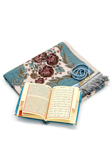 Velvet Pouch Luxury Prayer Rug Set - Petrol Color - 2