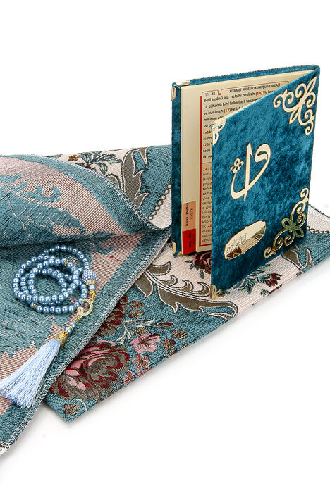 Velvet Pouch Luxury Prayer Rug Set - Petrol Color - 3