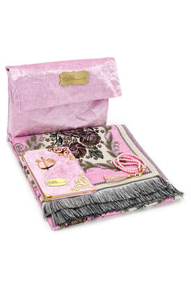 Velvet Pouch Luxury Prayer Rug Set - Pink Color - 1