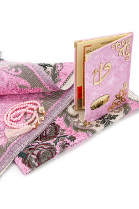 Velvet Pouch Luxury Prayer Rug Set - Pink Color - 3