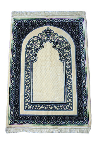 Velvet Woven Prayer Rug with Mihrab Pattern - Blue - 1