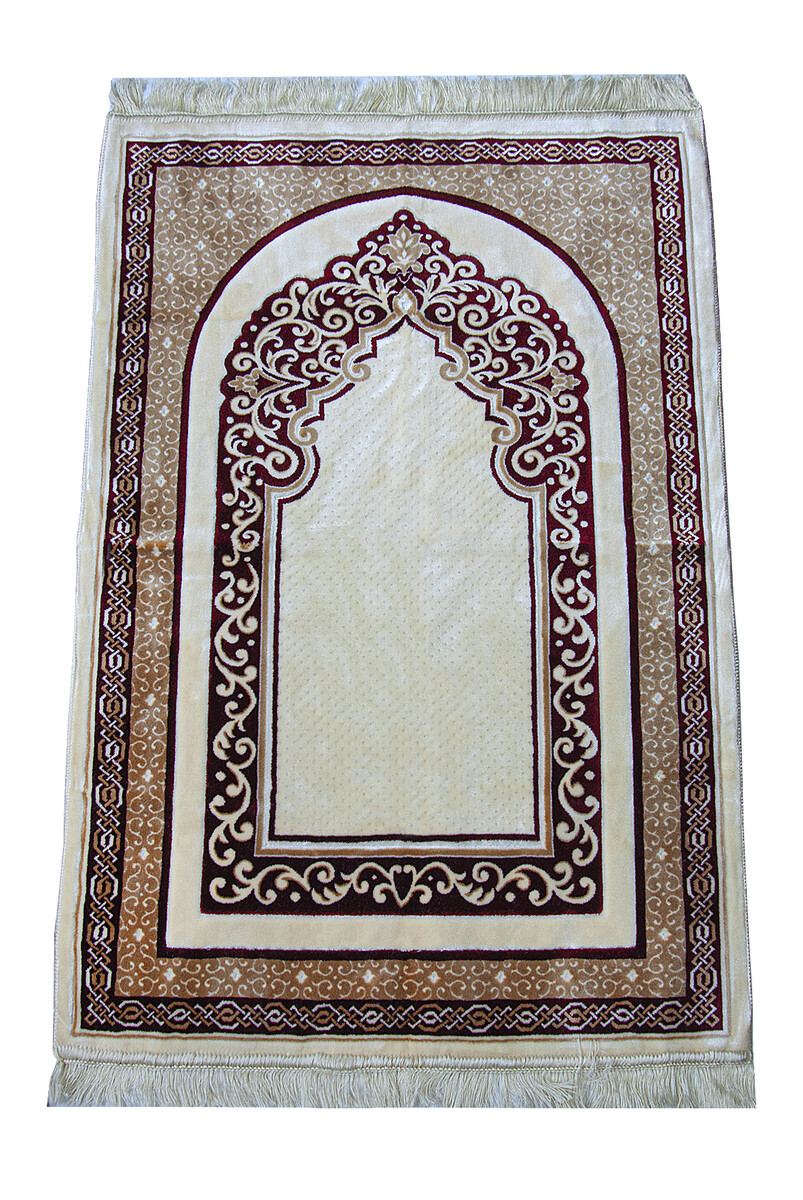 Velvet Woven Prayer Rug with Mihrab Pattern - Burgundy - 1