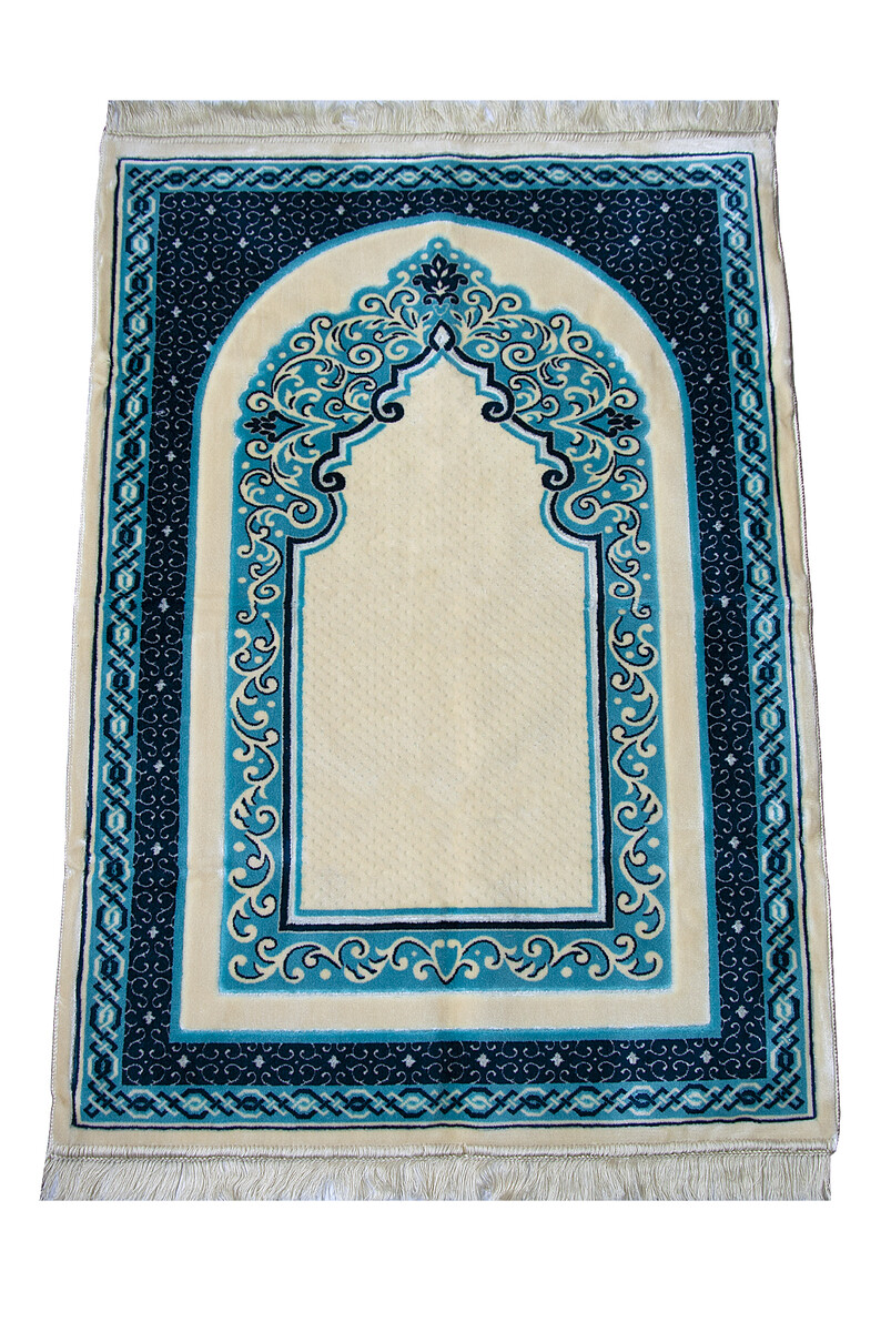 Velvet Woven Prayer Rug with Mihrab Pattern - Petrol - 1