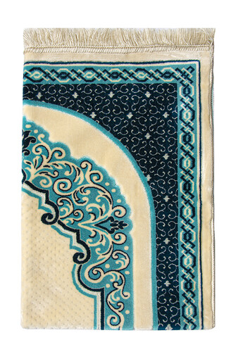 Velvet Woven Prayer Rug with Mihrab Pattern - Petrol - 3