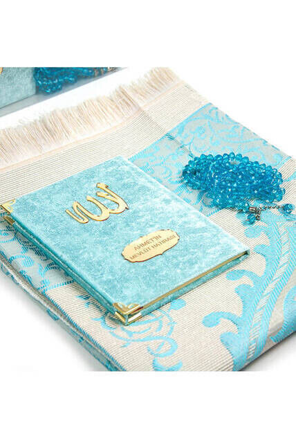 Velvet Yasin Book Bag Size Blue with Special Nameplate Prayer Rug with Rosary Box - 2