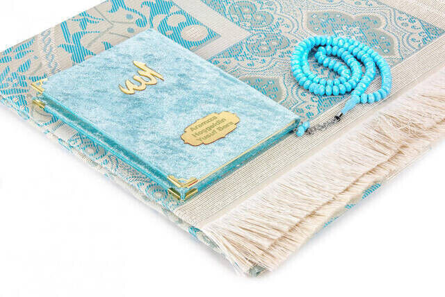 Velvet Yasin Book Bag Size Nameplate Prayer Rug with Rosary Box Blue - 2