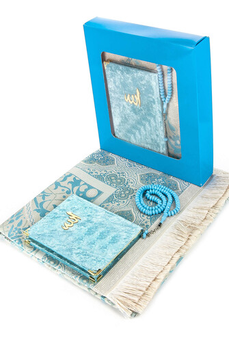 Velvet Yasin Book Bag Size Prayer Rug Rosary Boxed Blue - 1