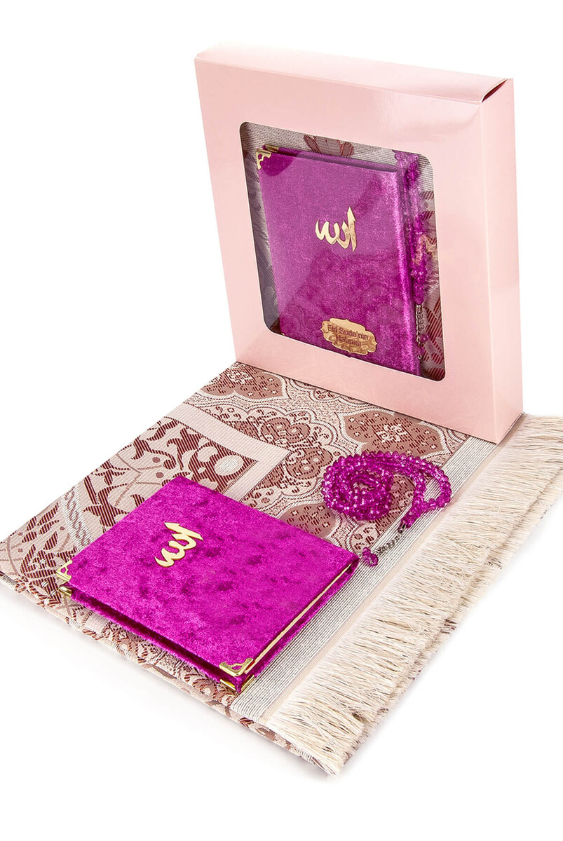 Velvet Yasin Book Bag Size Prayer Rug Rosary Boxed Fuchsia - 1