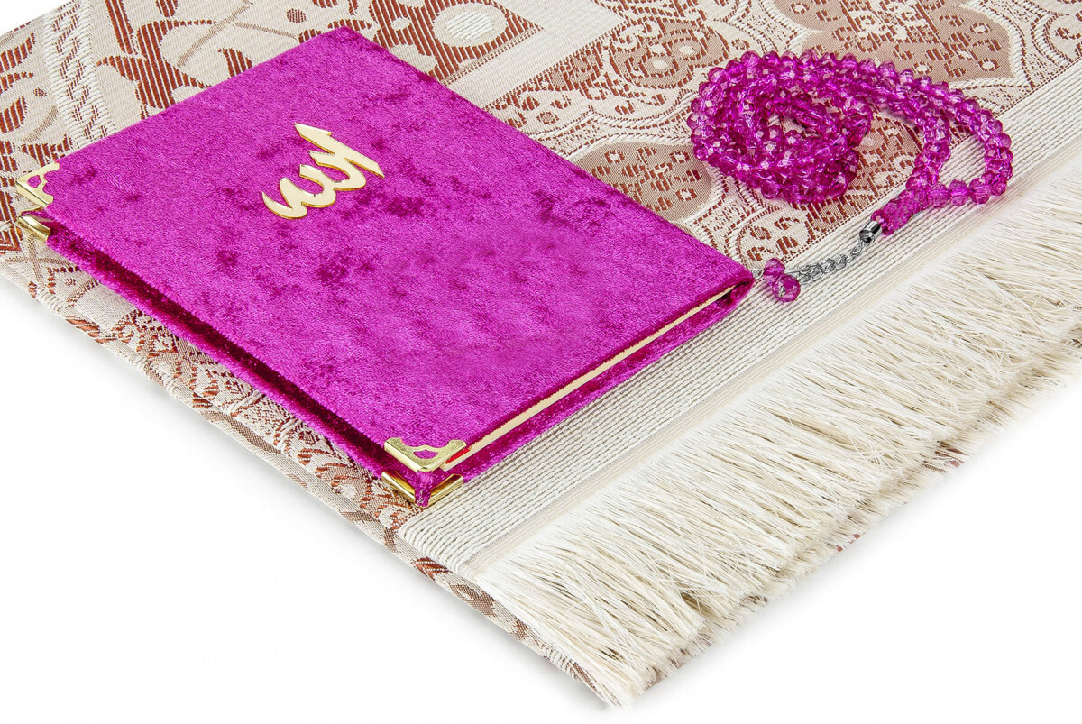 Velvet Yasin Book Bag Size Prayer Rug Rosary Boxed Fuchsia - 2