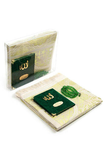 Velvet Yasin Book Bag Size with Special Nameplate Prayer Rug with Rosary Box Green - 1