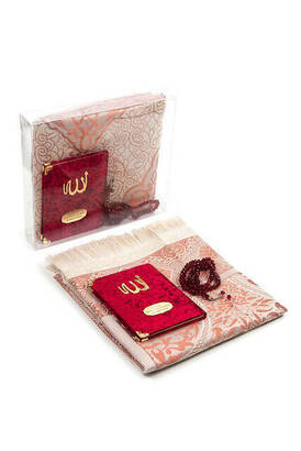 Velvet Yasin Book Bag Size with Special Nameplate Prayer Rug with Rosary Boxed Burgundy - 1