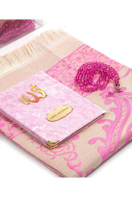 Velvet Yasin Book Bag with Special Nameplate Prayer Rug with Rosary Box K.Pink - 2