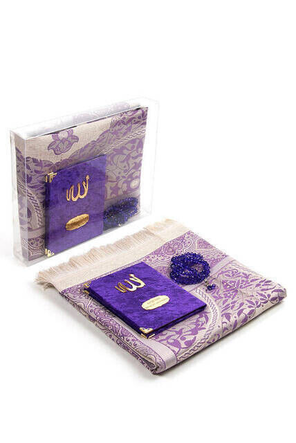 Velvet Yasin Book Bag with Special Nameplate Prayer Rug with Rosary Box Purple - 1