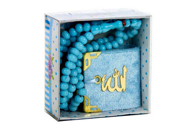 Velvet Coated Mini Koran Box - Rosary - Blue - 1