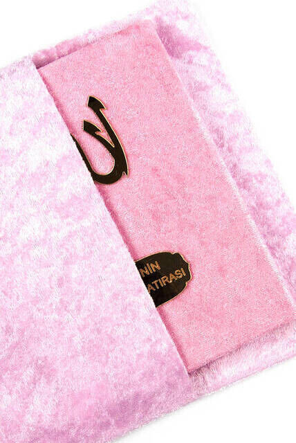 Velvet Coated Yasin Book - Bag Boy - Name Special Plate - Marsupeli - Pink Color - Religious Gift - 2