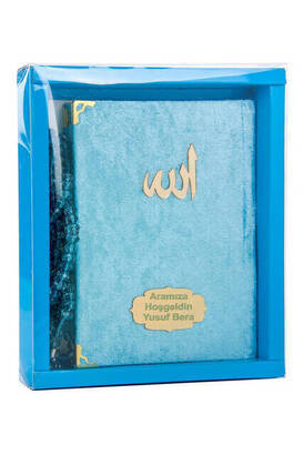 Velvet Coated Yasin Book - Bag Boy - Name Special Plate - Rosary - Boxed - Blue Color - Religious Gift - 1