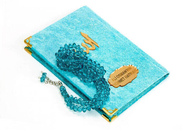 Velvet Coated Yasin Book - Bag Boy - Name Special Plate - Rosary - Boxed - Blue Color - Religious Gift - 2