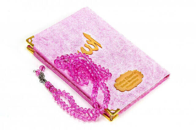 Velvet Coated Yasin Book - Bag Boy - Name Special Plate - Rosary - Boxed - Pink Color - Religious Gift - 2