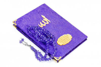 Velvet Coated Yasin Book - Bag Boy - Name Special Plate - Rosary - Boxed - Purple Color - Mevlid Gift - 2