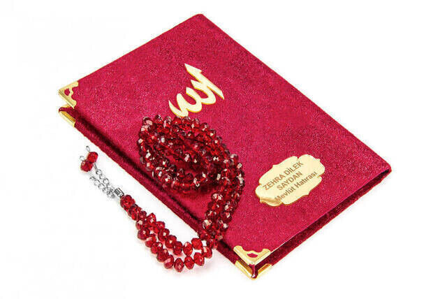 Velvet Coated Yasin Book - Bag Boy - Name Special Plate - Rosary - Boxed - Red Color - Mevlid Gift - 2