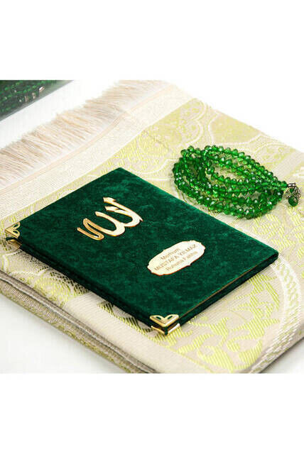 Velvet Coated Yasin Book - Bag Boy - Name Special Plate - Seccadeli - Rosary - Boxed - Green Color - Mevlid Gift Set - 2